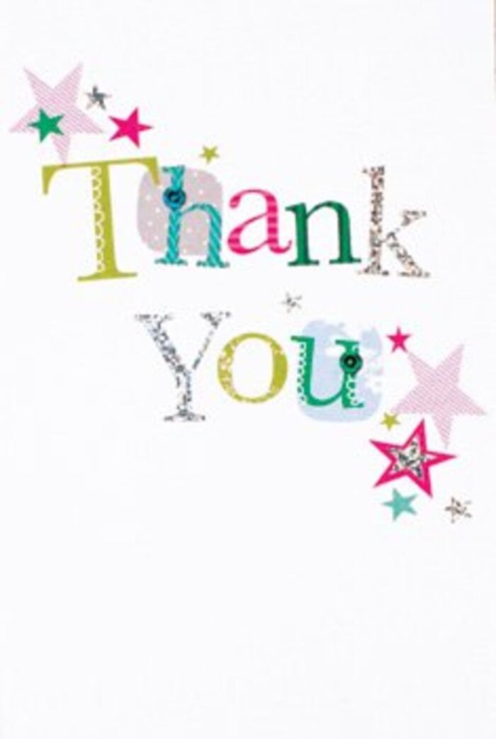 With understated elegance and cheerful flair, this thank you card conjures up the vibrant spirit of Thornton Heath. The carefully arranged letters are a symphony of playful forms-some curved and adorned with lively polka dots or cheerful stitches in shades of blue, lemon green, and pink, others sleek and confident, catching flashes of silver with every tilt. Clusters of sparkling stars-striped in magenta or drenched in deep turquoise-seem to float around the words, their presence as uplifting as a fresh bouquet set out on a bright Saturday morning after a trip to the local market on High Street. The whole composition breathes with an airy modernity, the white space crisp and unhurried, allowing each splash of colour and detail to shine. The card's mood lands somewhere between festive and sophisticated, equally suited for a neighbourly gesture of thanks after a community event at Thornton Heath Rec or a heartfelt note for someone who's gone above and beyond. It's easy to imagine this card chosen by a local florist-such as the experts at Flowers Thornton Heath-and tucked lovingly alongside a bouquet, echoing the emotional resonance of hand-selected blooms. The balance of exuberance and grace lingers, making the gratitude it conveys as lasting as a fond memory shared within the heart of Thornton Heath.